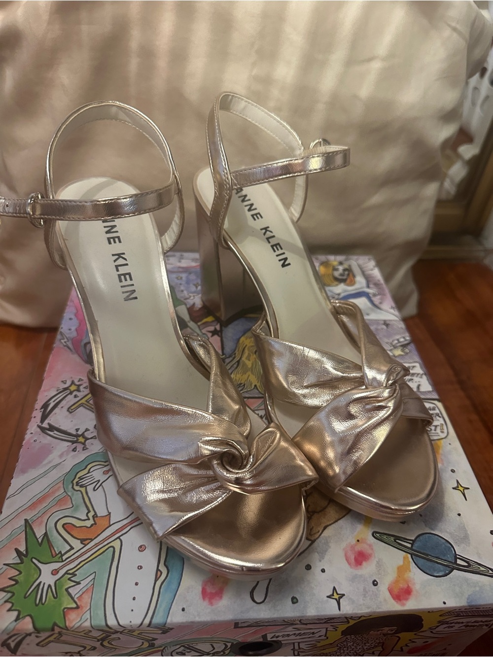 Anne Klein Metallic Rose Knot Block Heel Sandals